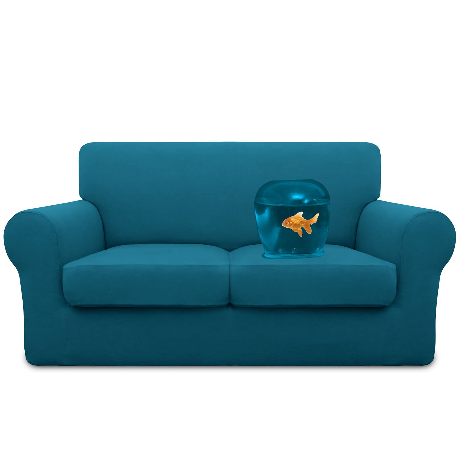 Easy-Going 100% Dual Waterproof 3 Pieces Loveseat Cover Stretch Soft Couch Cover For Dogs, Sofa Slipcover For 2 Separate Cushion Couch Leakproof Furniture Protector For Kids, Pets Peacock Blue