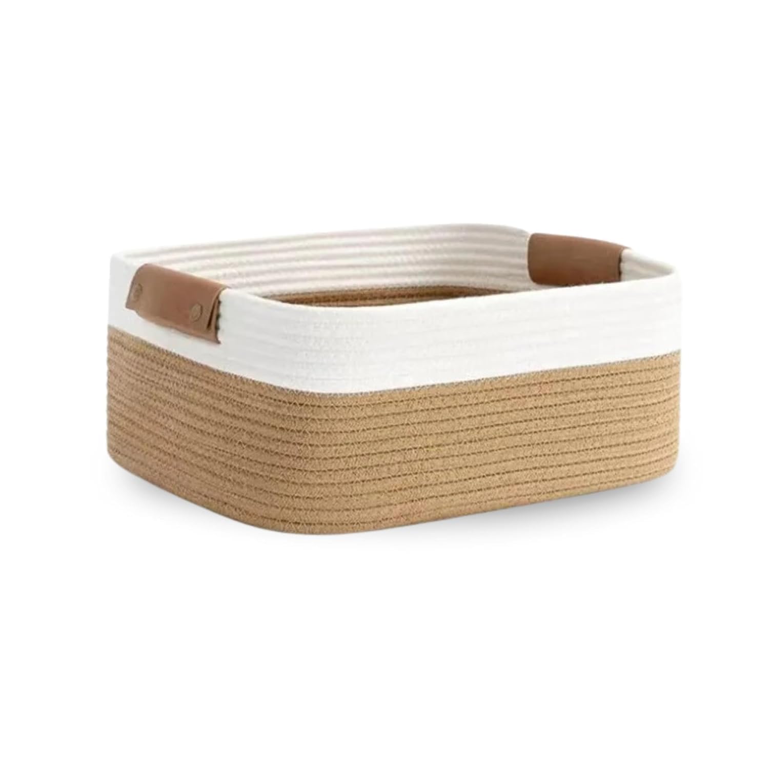 Auranest Cotton Rope Storage Basket  Rectangular Woven Tray With Leather Handles, TwoTone White & Tan Organizer Bin For Shelve