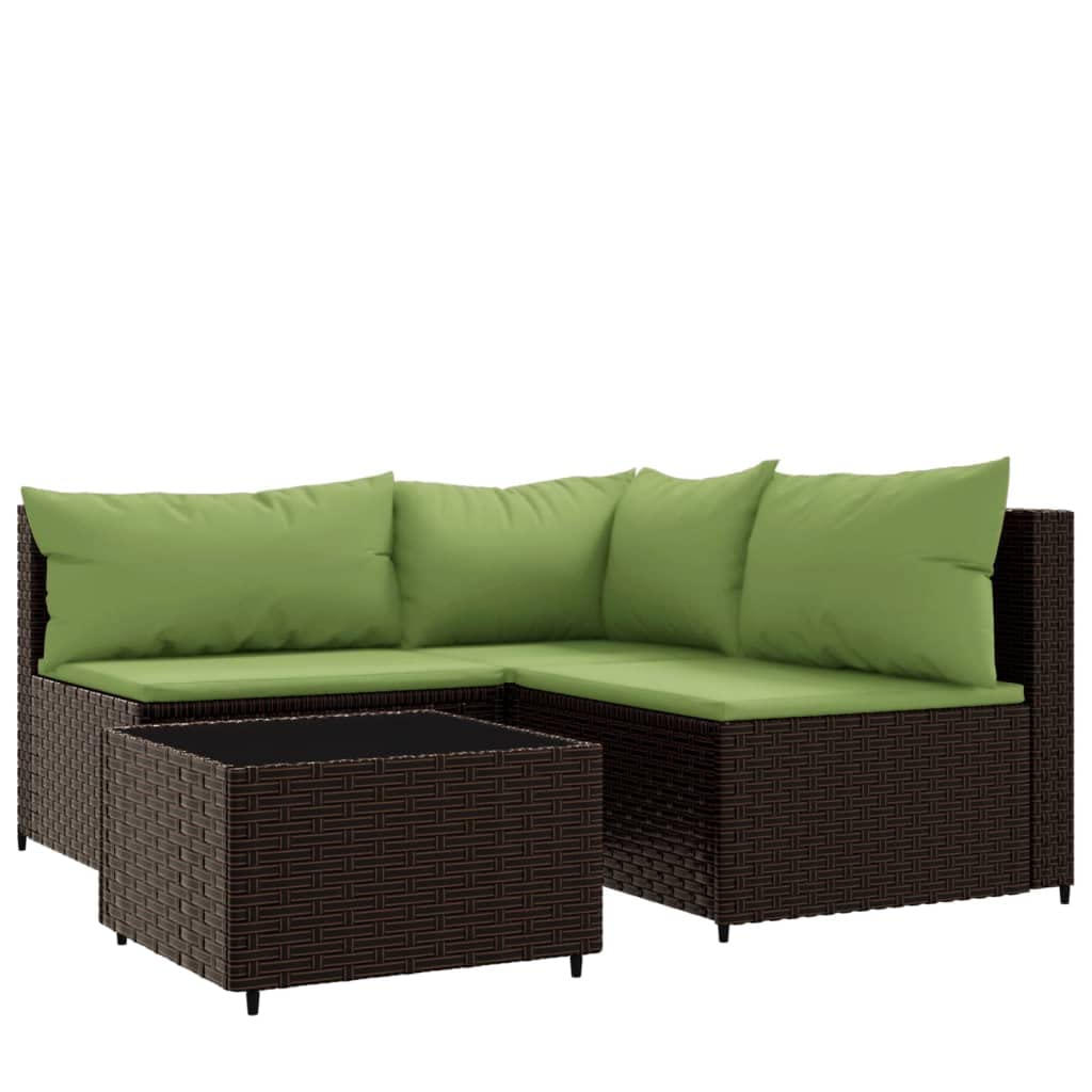 vidaXL 4 Piece Patio Lounge Set with Cushions - Weather- Poly Rattan Garden Sofa Set with Glass Tabletop - Brown and Green - Out