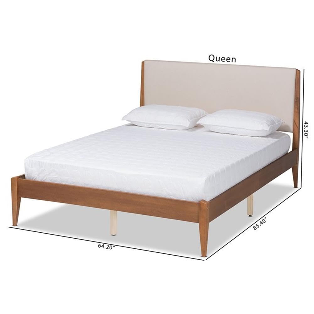 Baxton Studio Lenora Mid-Century Modern Beige Fabric Upholstered and Walnut Brown Finished Wood King Size Platform Bed