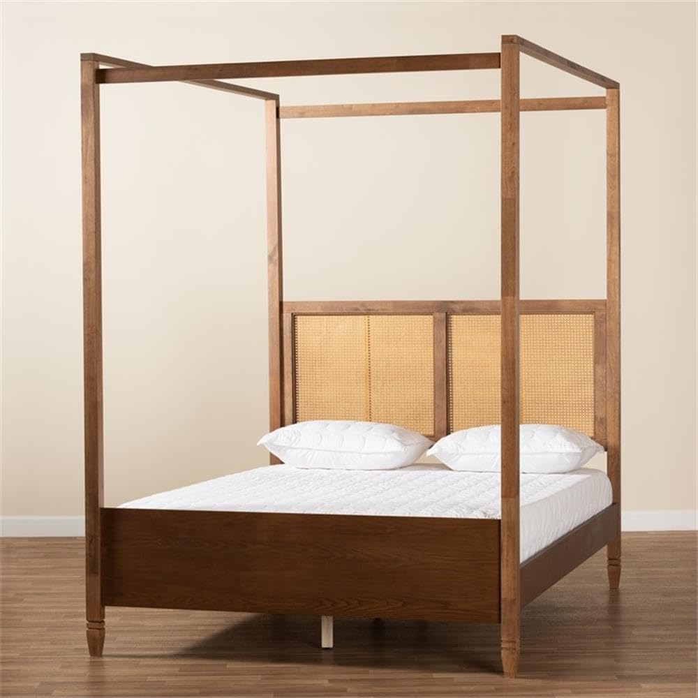 Baxton Studio Malia Modern and Contemporary Walnut Brown Finished Wood and Synthetic Rattan King Size Canopy Bed