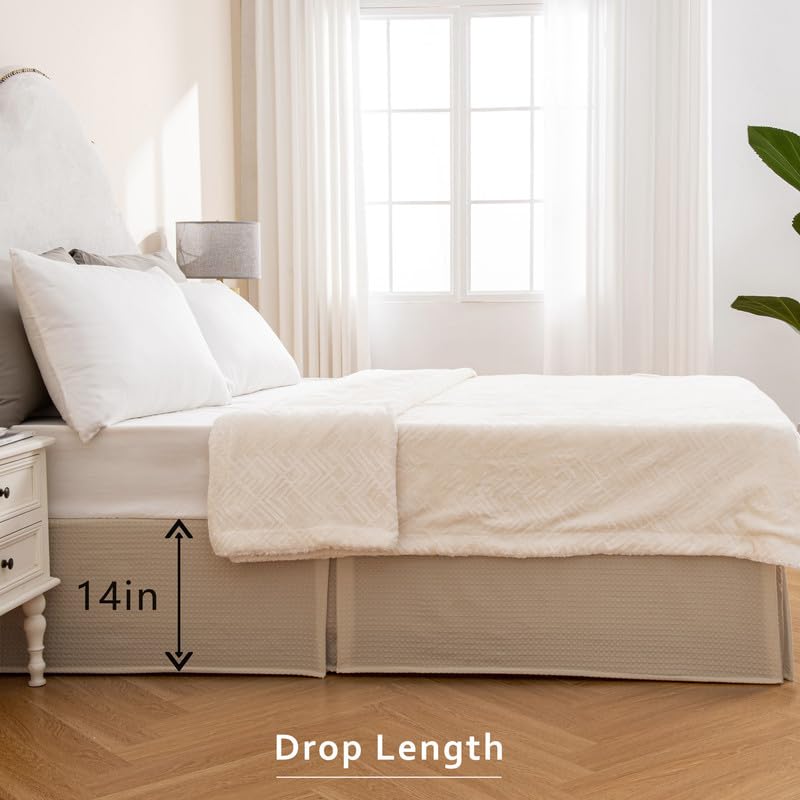 Miye Pleated Waffle Weave Bed Skirt, Tailored Dust Ruffle 14 Inch Drop Easy Fit, Machine Washable (Cream, Full - 14'' Drop)