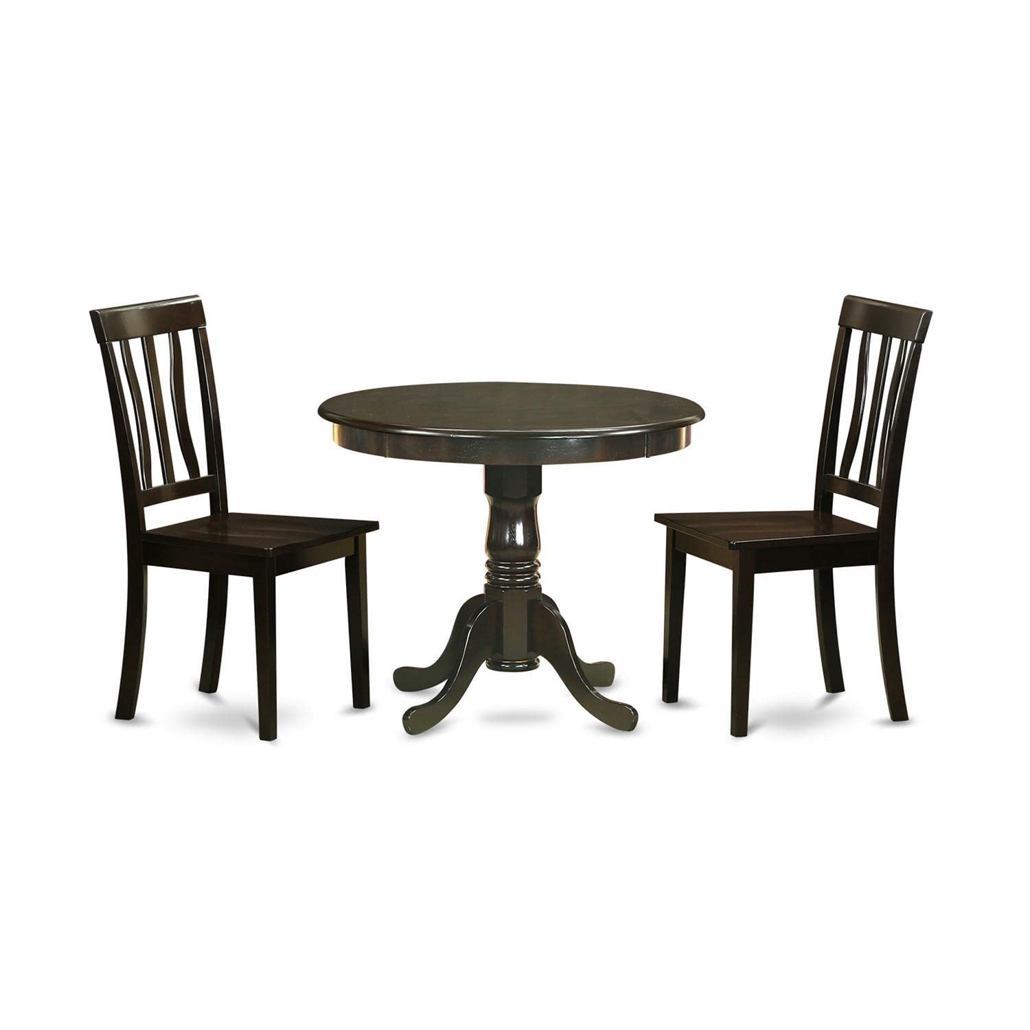 East West Furniture ANTI3-CAP-W 3 Piece Dining Set Contains a Round Kitchen Table with Pedestal and 2 Dining Chairs, 36x36 Inch, Cappuccino