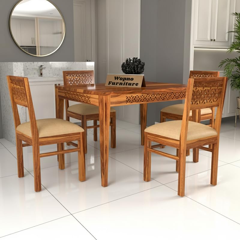 Wopno Furniture Cnc Solid Sheesham Wood 4 Seater Dining Table Set With Cushioned Chairs For Dining Room | Living Room | Home & O
