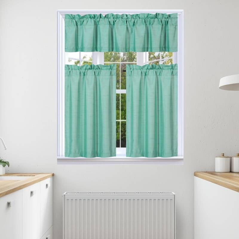 3Pc Set Solid Faux Silk Lined Blackout Rod Pocket Small Kitchen Window Curtain With Valance (K3) (Mint Green)