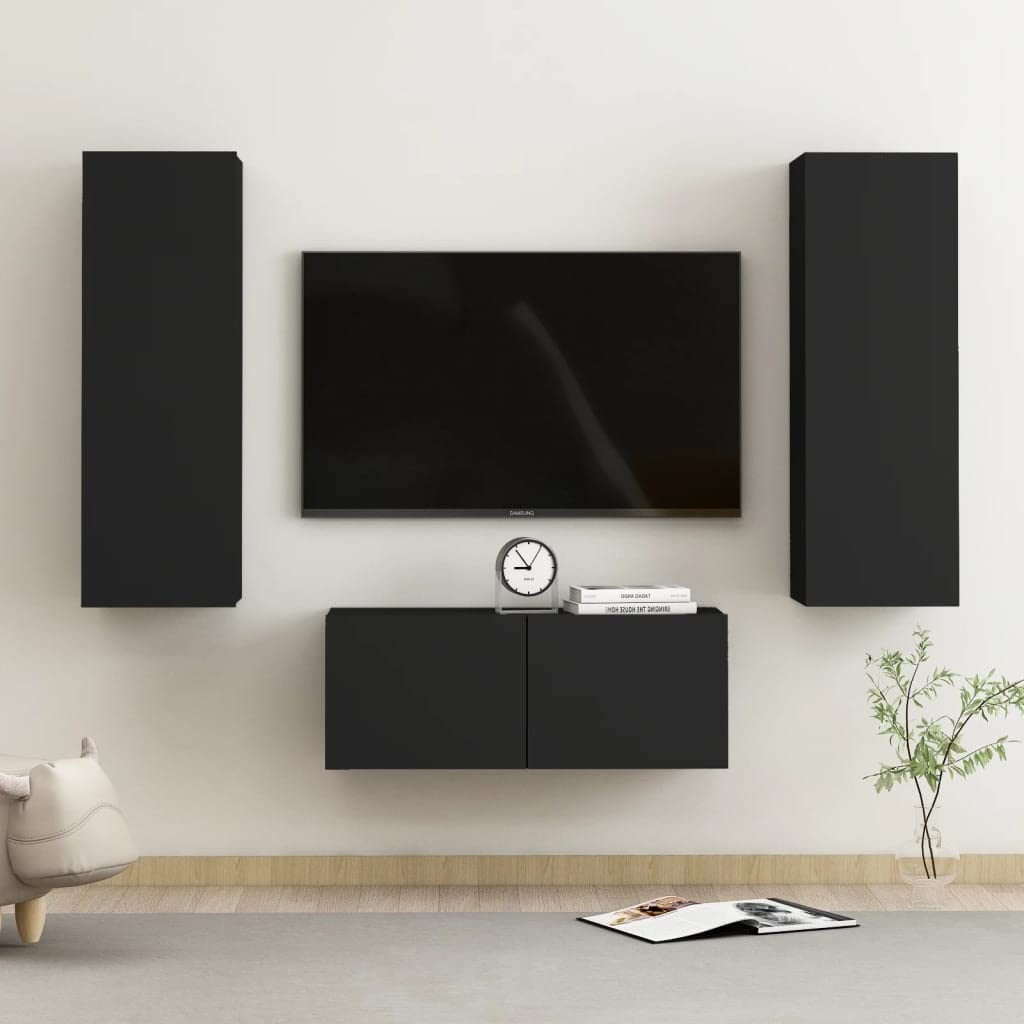 vidaXL TV Stand 3 Piece, TV Stand for Living Room, Sideboard with Storage, TV Console Media Unit Cupboard, Modern, Black Engineered Wood