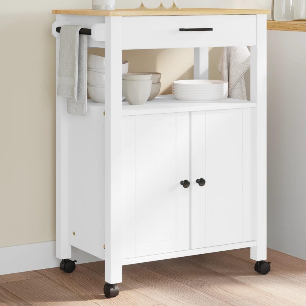 vidaXL Solid Pine Wood Rolling Kitchen Trolley - White/Honey Wax Finish with Drawer, Cabinet, Hooks, 23.6"x15.7"x35.4"