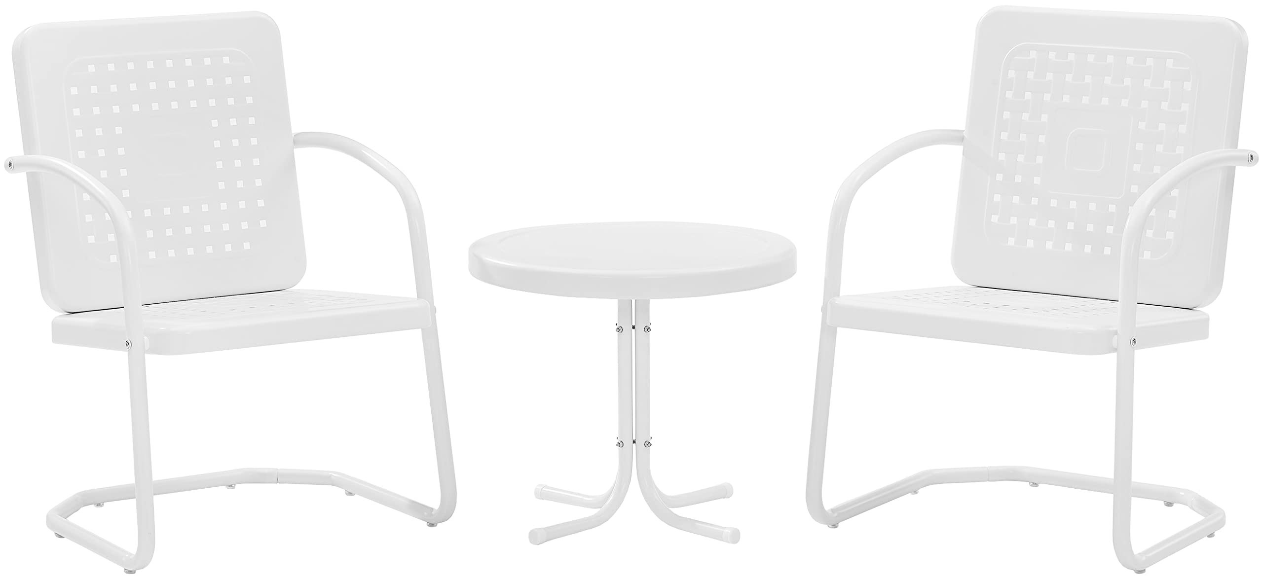 Crosley Furniture Bates 3-Piece Outdoor Chair And Side Table Set, Retro Metal Bistro Patio Conversation Sets, White Gloss And White Satin