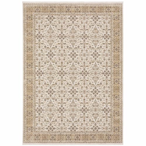 HomeRoots 509385 8 x 11 ft. Ivory & Gold Oriental Power Loom Stain Resistant Rectangle Area Rug with Fringe