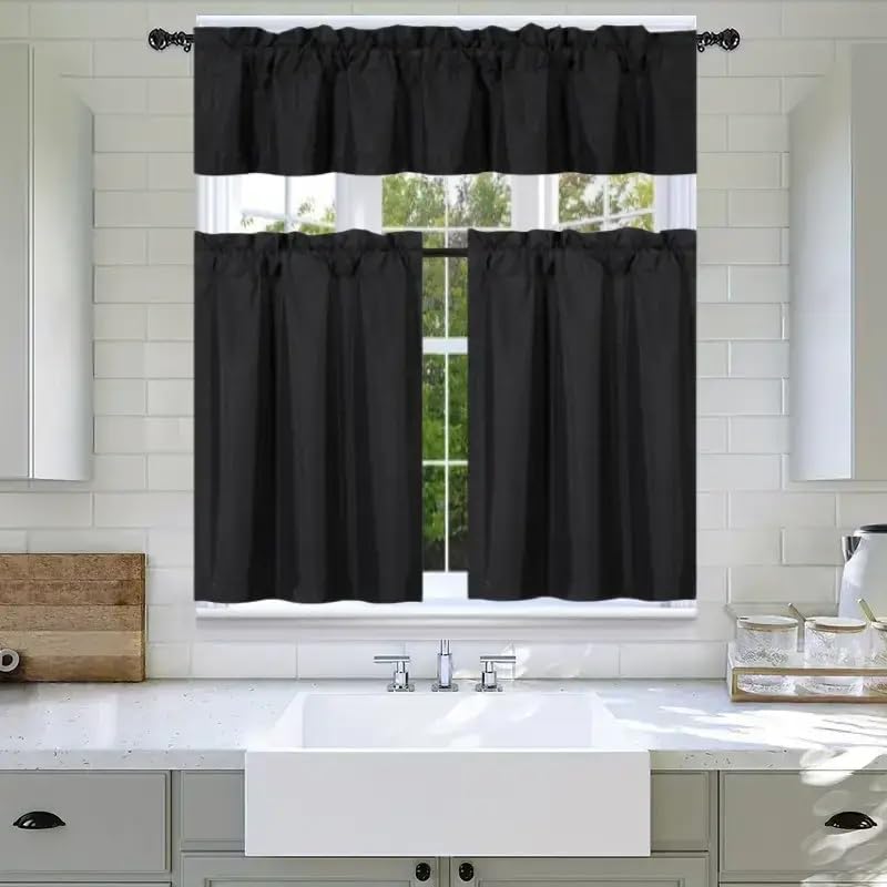 3Pc Set Solid Faux Silk Lined Blackout Rod Pocket Small Kitchen Window Curtain With Valance (K3) (Red)