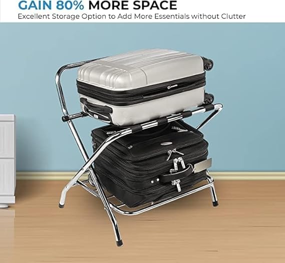 2-Shelf Foldable Luggage Rack with Nylon Straps, High-Back Support, Chrome Finish