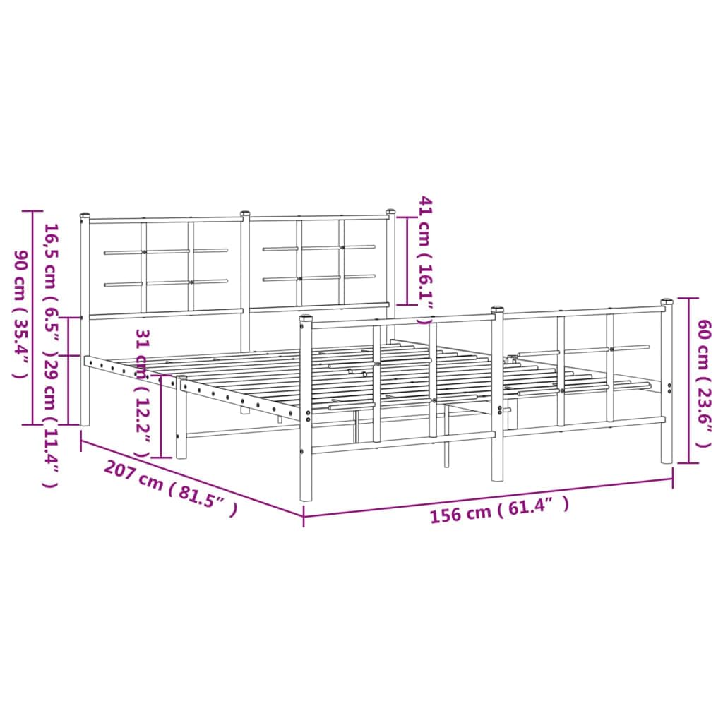 vidaXL White Steel Metal Bed Frame-Double Bed with Headboard/Footboard-81.5" x61.4 x35.4 | Modern Bedroom Furniture