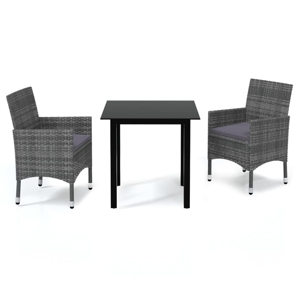 vidaXL Patio Dining Set 3 Piece, Outdoor Dining Set for 2, Table and Chair with Cushions, Dining Chair, Farmhouse Modern Style, Poly Rattan Gray