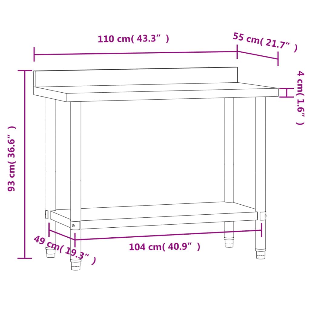 vidaXL Stainless Steel Kitchen Work Table 43.3"x21.7"x36.6" with Backsplash for Commercial Use in Restaurant, Bar, School