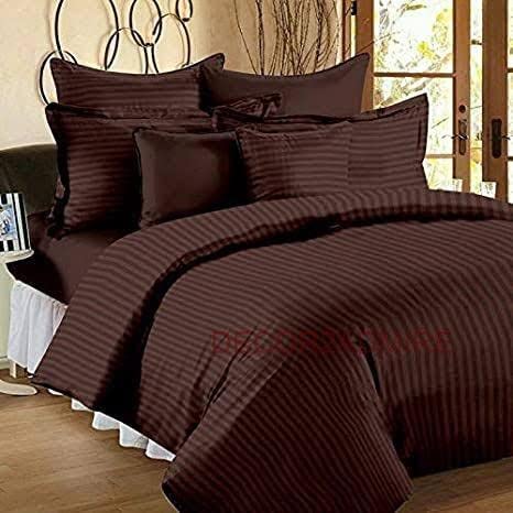 DECOR2ADMIRE 300TC Cotton Plain Stripe Queen Size Double Bedsheet for Double Bed with Two Pillow Covers (Queen, Brown) (90 * 100