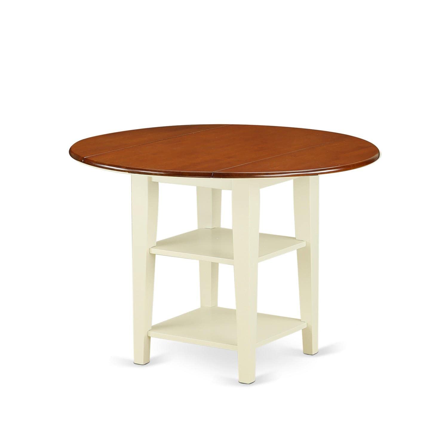 East West Furniture SUAN3-BMK-W 3 Piece Dining Room Table Set Contains a Round Dining Table with Dropleaf & Shelves and 2 Wood Seat Chairs, 42x42 Inch, Buttermilk & Cherry