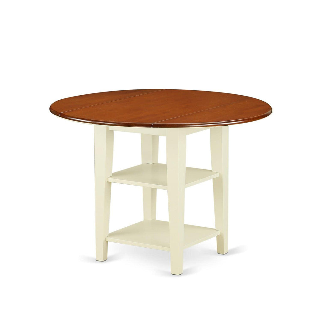 East West Furniture Suke5-Bmk-W 5 Piece Kitchen Table Set For 4 Includes A Round Dining Room Table With Dropleaf & Shelves And 4 Dining Chairs, 42X42 Inch, Buttermilk & Cherry