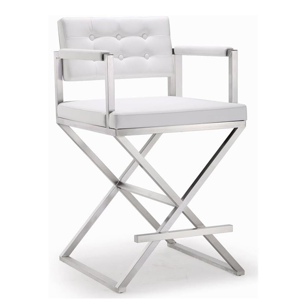 Tov Furniture The Director Collection Stainless Steel Metal Leather Upholstered Industrial Modern Counter Stool With Back & Arms