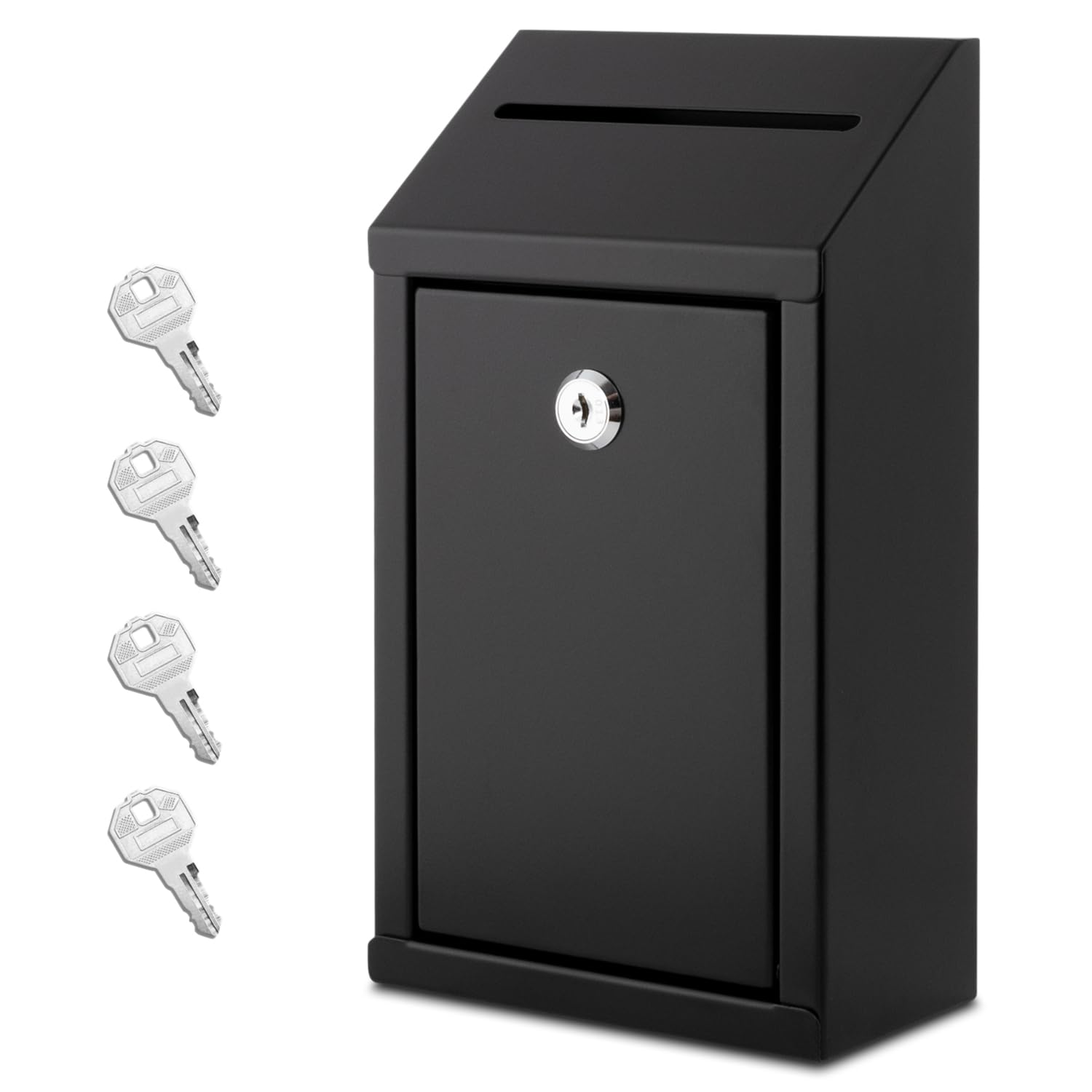 Eienhoshi Metal Donation Box With Lock, Wall Mounted, Suggestion Box With 4 Iron Keys, Black, Cash Drop Box With Slot, 1-Pack