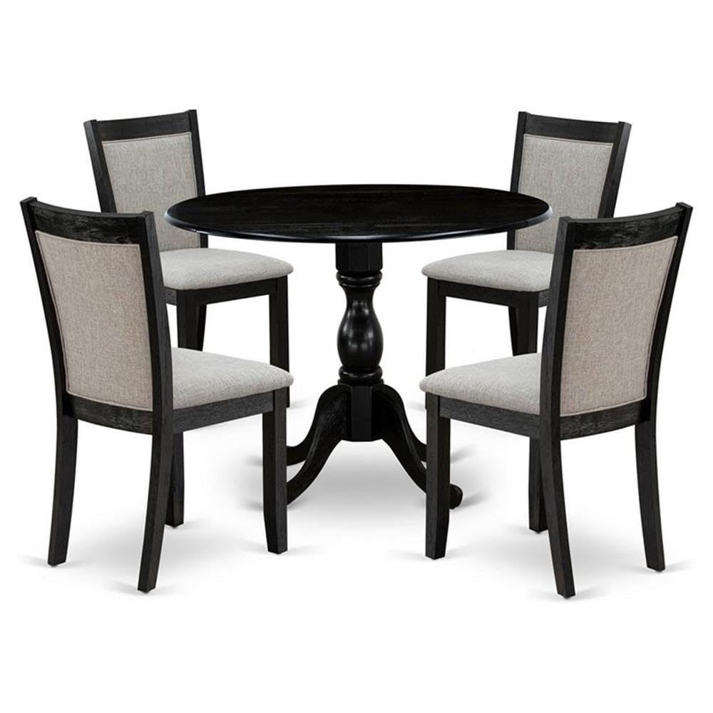 East West Furniture DMMZ5-AB6-06 5 Piece Dining Table Set for 4 Includes a Round Kitchen Table with Dropleaf and 4 Shitake Linen Fabric Parson Dining Chairs, 42x42 Inch, Wirebrushed Black
