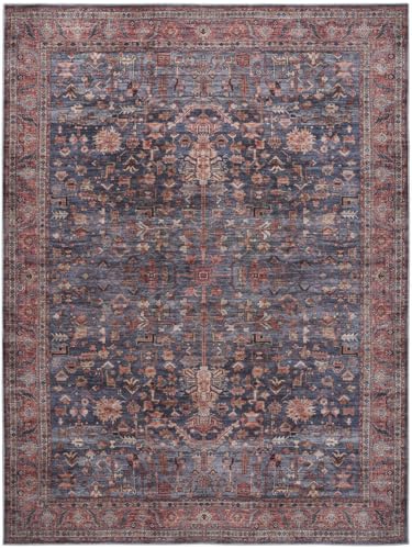 HomeRoots 533324 8 x 10 ft. Blue & Red Oriental Traditional Power Loomed Distressed Washable Non Skid Rectangle Area Rug