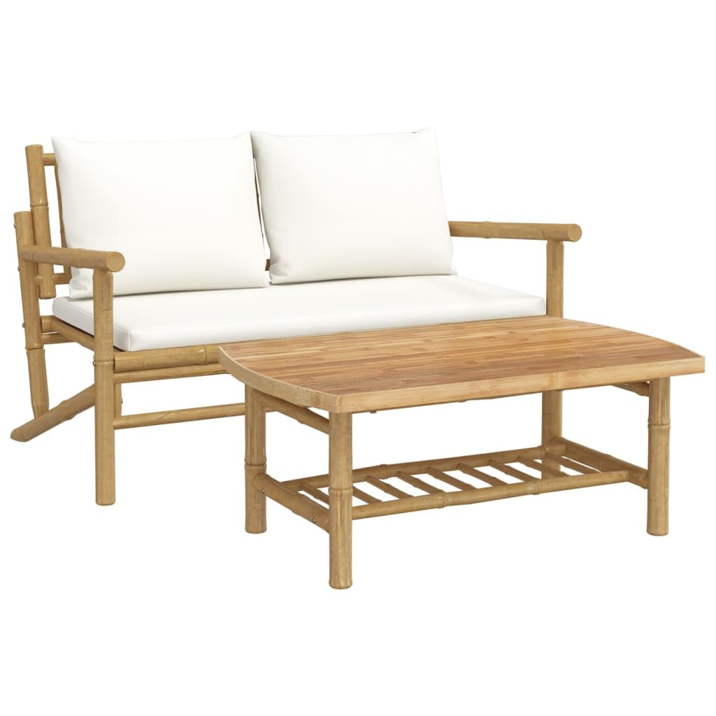 vidaXL Elegant 2 Piece Bamboo Patio Lounge Set with Cream White Cushions, Lightweight Construction, Comfortable for Outdoor Spac