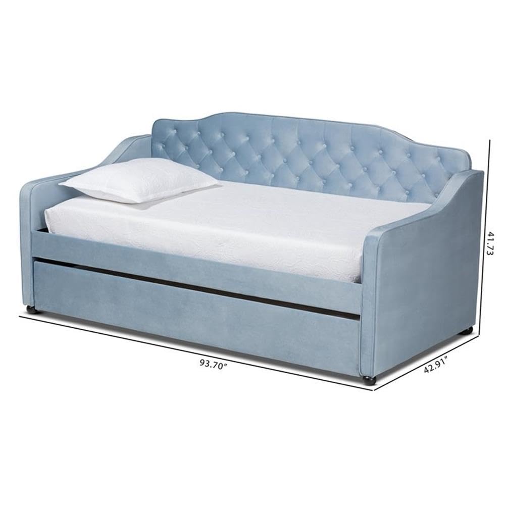 Baxton Studio Freda Traditional and Transitional Light Blue Velvet Fabric Upholstered and Button Tufted Twin Size Daybed with Trundle