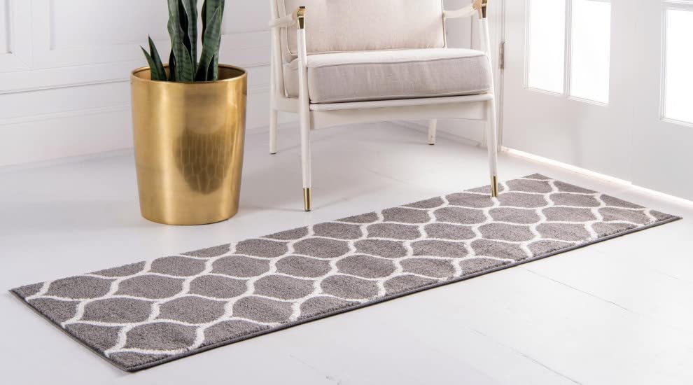 Unique Loom Trellis Frieze Collection Area Rug - Rounded (2' X 10' Runner, Dark Gray/ Ivory)