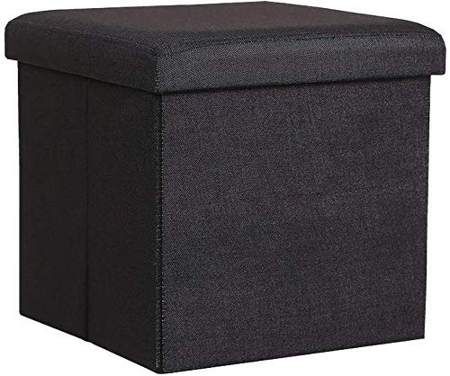 SKYFUN (LABEL) Fabric Linen Collapsible Folding Ottoman Footrest Sitting Cum Storage Cube Stool Bag Bedding Organizer (Black)