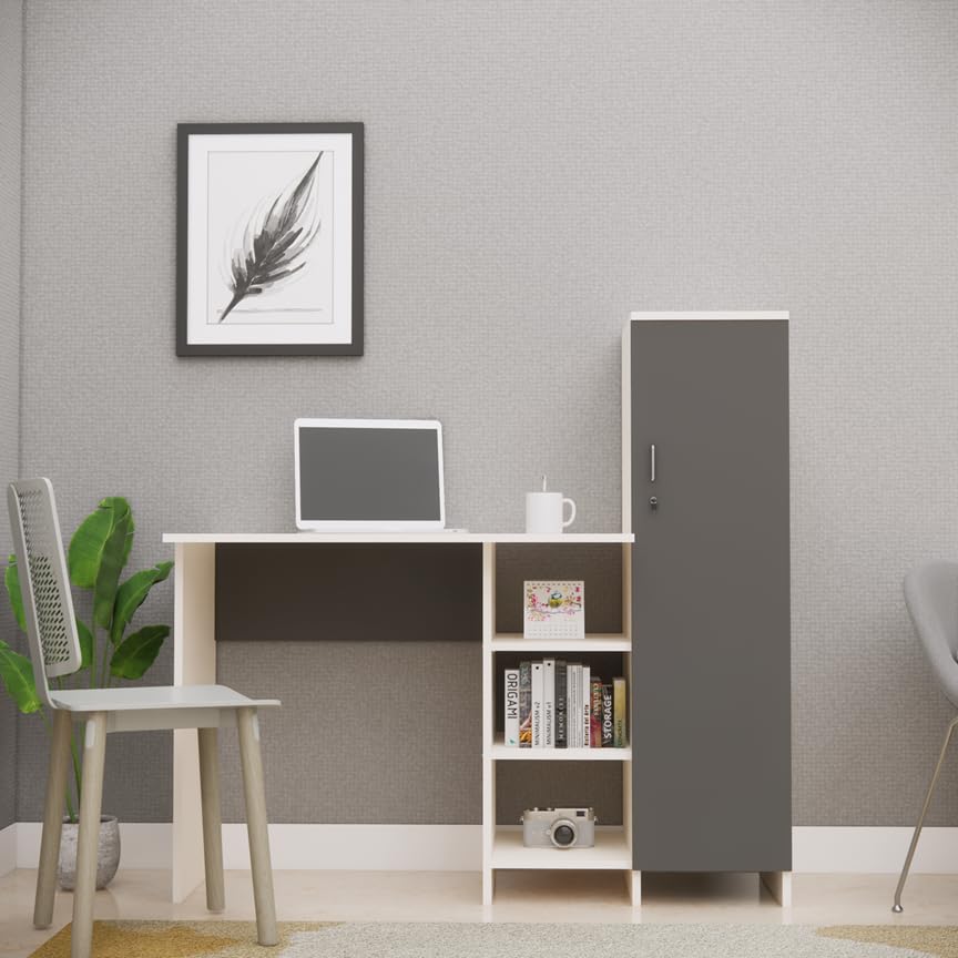 Furnesta Hutch Desk With Storage, Multipurpose For Office Study Bedroom, Highland Pine & Slate Grey, Termiteproof Borerproof E