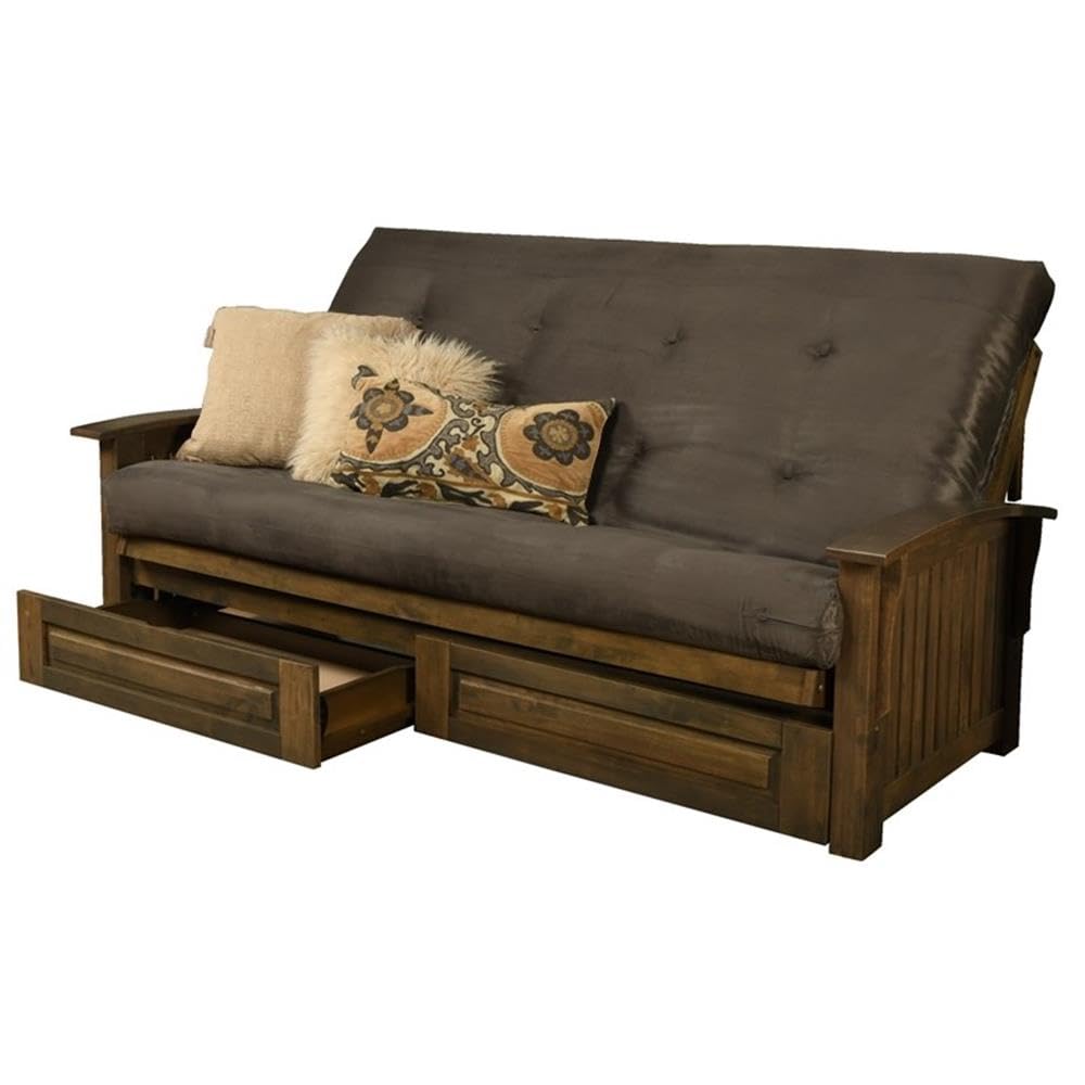 Kodiak Furniture Washington Queen Size Futon Frame with Storage Drawers - Wood Futon Frame with Mattress Included in Gray Color