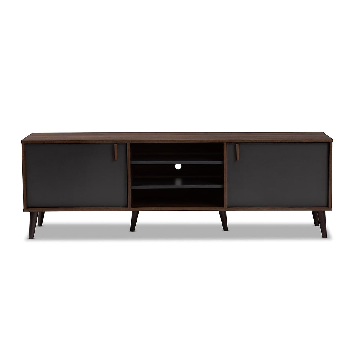 Baxton Studio Samuel 5-Shelf Wood TV Stand, Walnut Brown and Dark Grey, Screens up to 70-inch (148-8669-HiT)