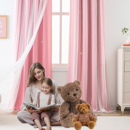Yancorp Pink Curtains For Bedroom Living Room Thermal Insulated Kids Curtain Hollow-Out Star Window Nursery Curtain 96 Inches Length Room Darkening Grommet(Pink,52 * 96),1 Panel