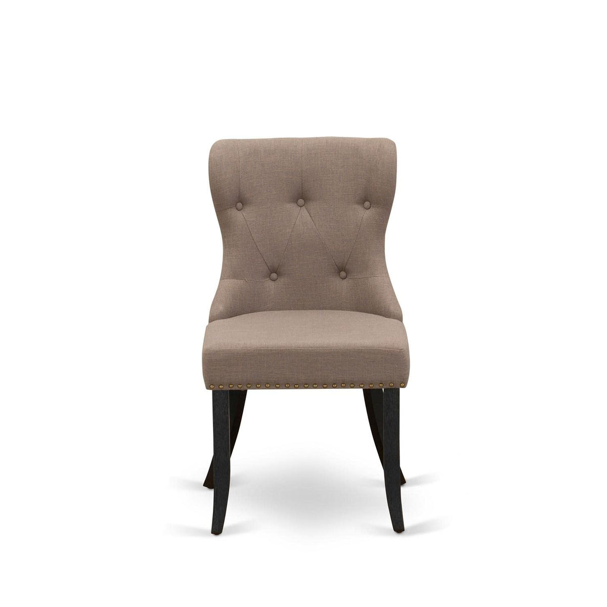 East West Furniture Sip6T48 Sion Parson Dining Room Chairs - Button Tufted Nailhead Trim Coffee Linen Fabric Padded Chairs, Set Of 2, Wirebrushed Black