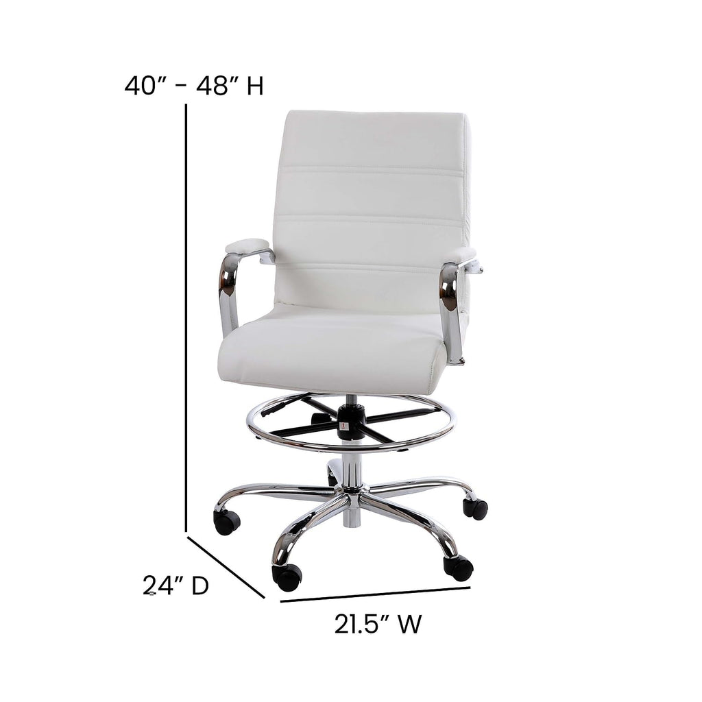 Flash Furniture Whitney Mid-Back Swivel LeatherSoft Drafting Chair with Padded Seat, Armrests, and Foot Ring, Adjustable Office Chair, White/Chrome