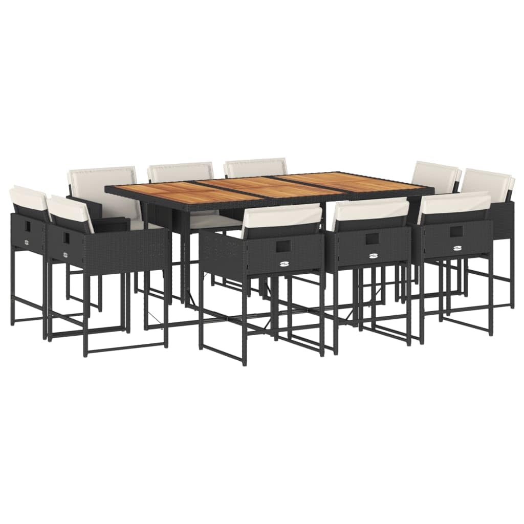 vidaXL 11-Piece Patio Dining Set - Poly Rattan, Black/Cream Cushion, Garden/Backyard/Patio Furniture, Acacia Wood Table ```