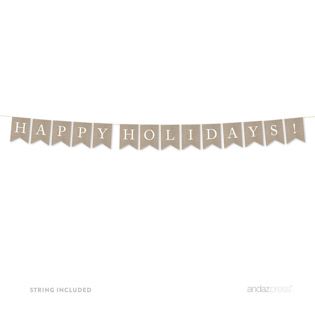Andaz Press Hanging Bunting Pennant Party Banner With String, Printed Burlap, Happy Holidays!, 5-Feet, 1-Set, Includes String