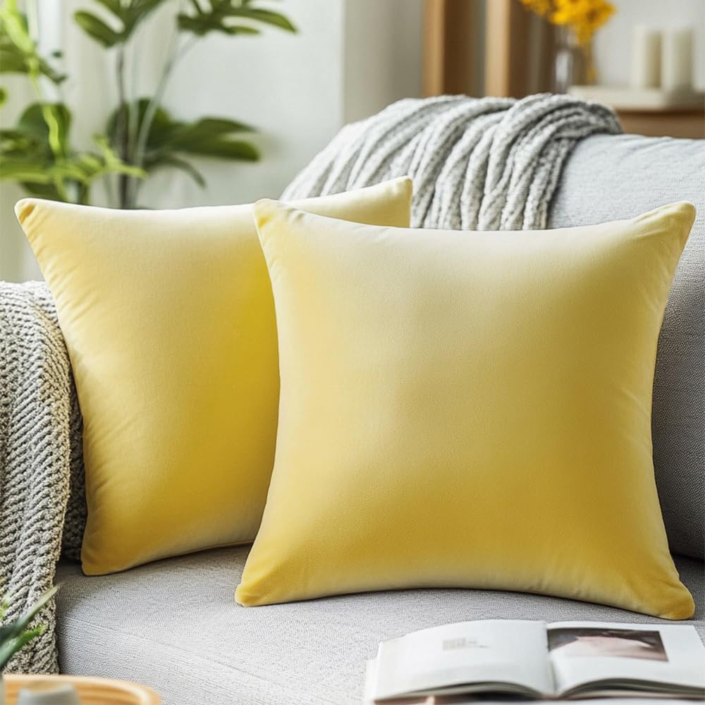 QUORGVES Yellow Velvet Pillow Covers 20x20 Set of 2 - Decorative Throw Pillows for Living Room, Couch, Bed, Summer Decor