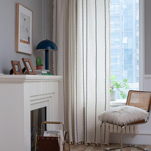 Sutuo Home Boho Curtains 84 Inches For Bedroom Living Room, Semi Blackout Farmhouse Vintage Tassels Window Treatment Bohemian Embroidery Drape, Rod Pocket 1 Panel 52' W X 84' L, White And Navy Blue