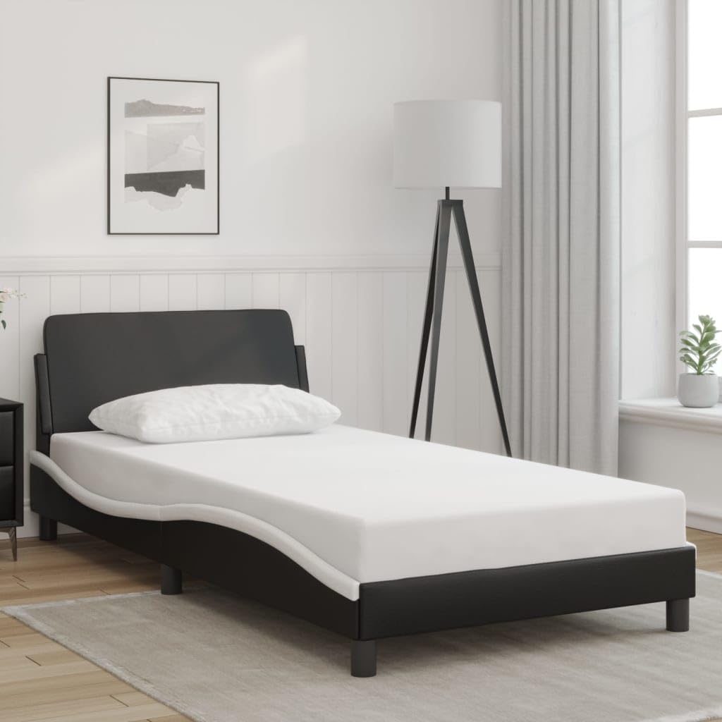 vidaXL Single Bed Frame with Headboard - Black/White, Faux Leather, Plywood Slats, 39.4"x74.8" Mattress Size, Modern Design