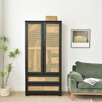 Pine Wood Closet with Rattan Doors and Two Drawers (Black)