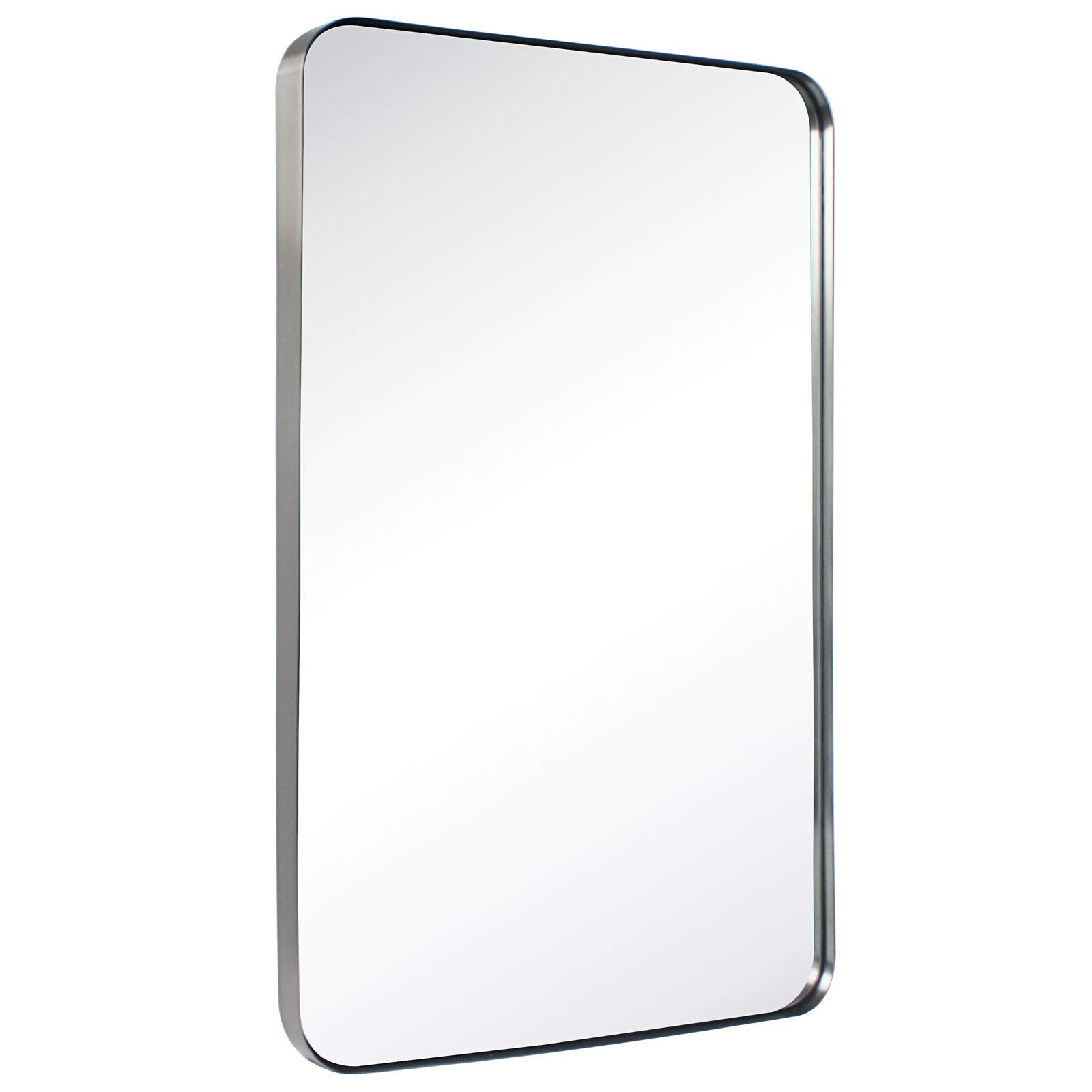 GRACTO 20 x 30 Polished Nickel Rectangle Bathroom Vanity Mirror for Wall Polished Silver Metal Framed Rounded Rectangular Bath