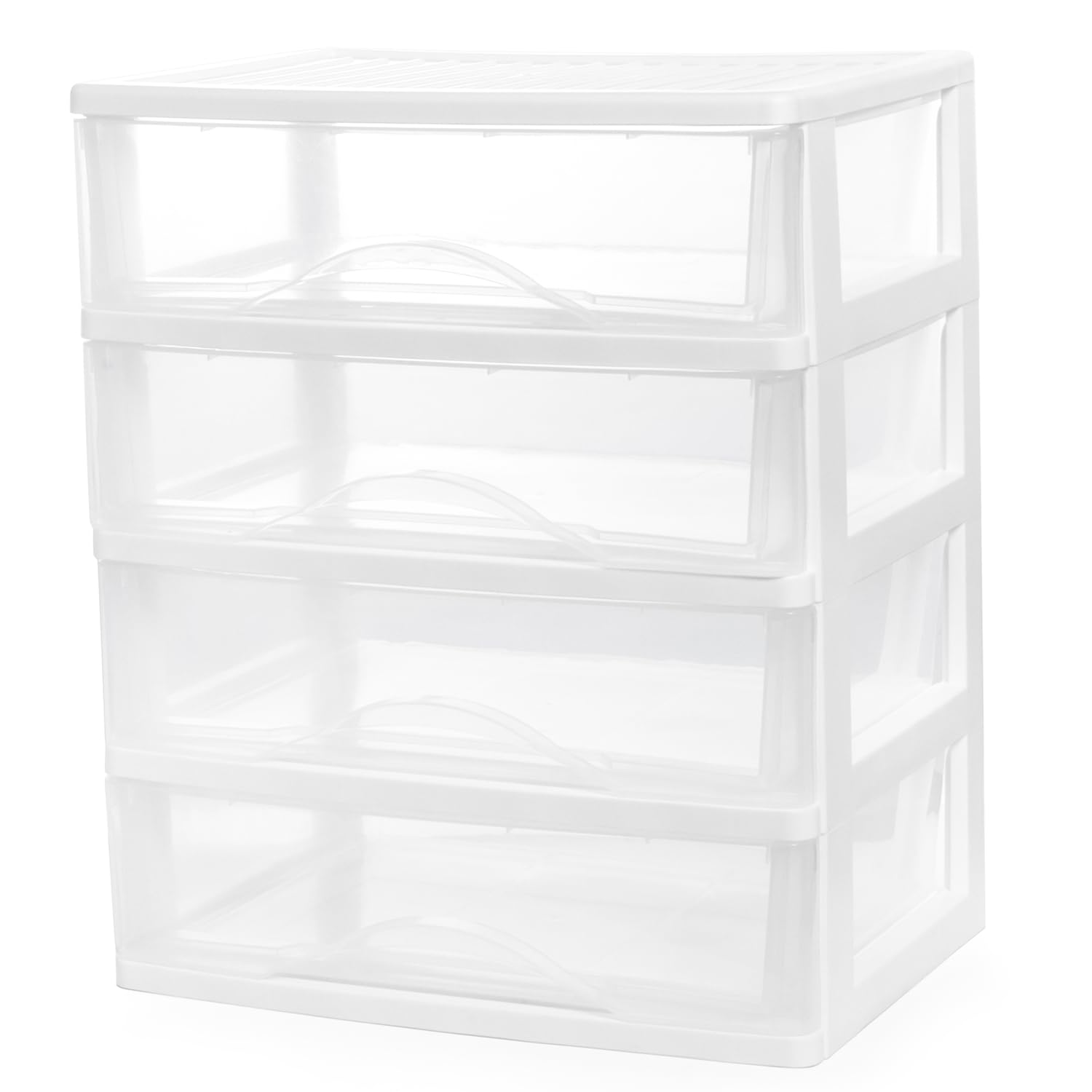 BYCY Plastic Stackable Storage 4 Drawers, White Bathroom Makeup Organizer with Wide Clear Drawers Tabletop Drawer Organizer for 