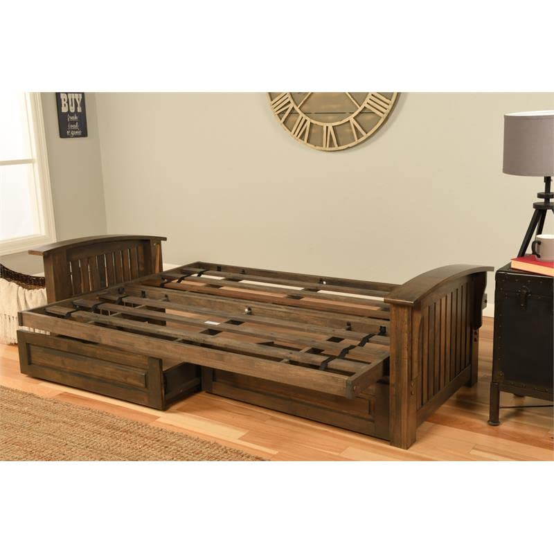 Kodiak Furniture Washington Queen Size Futon Frame with Storage Drawers - Wood Futon Frame with Mattress Included in Linen Cocoa Color