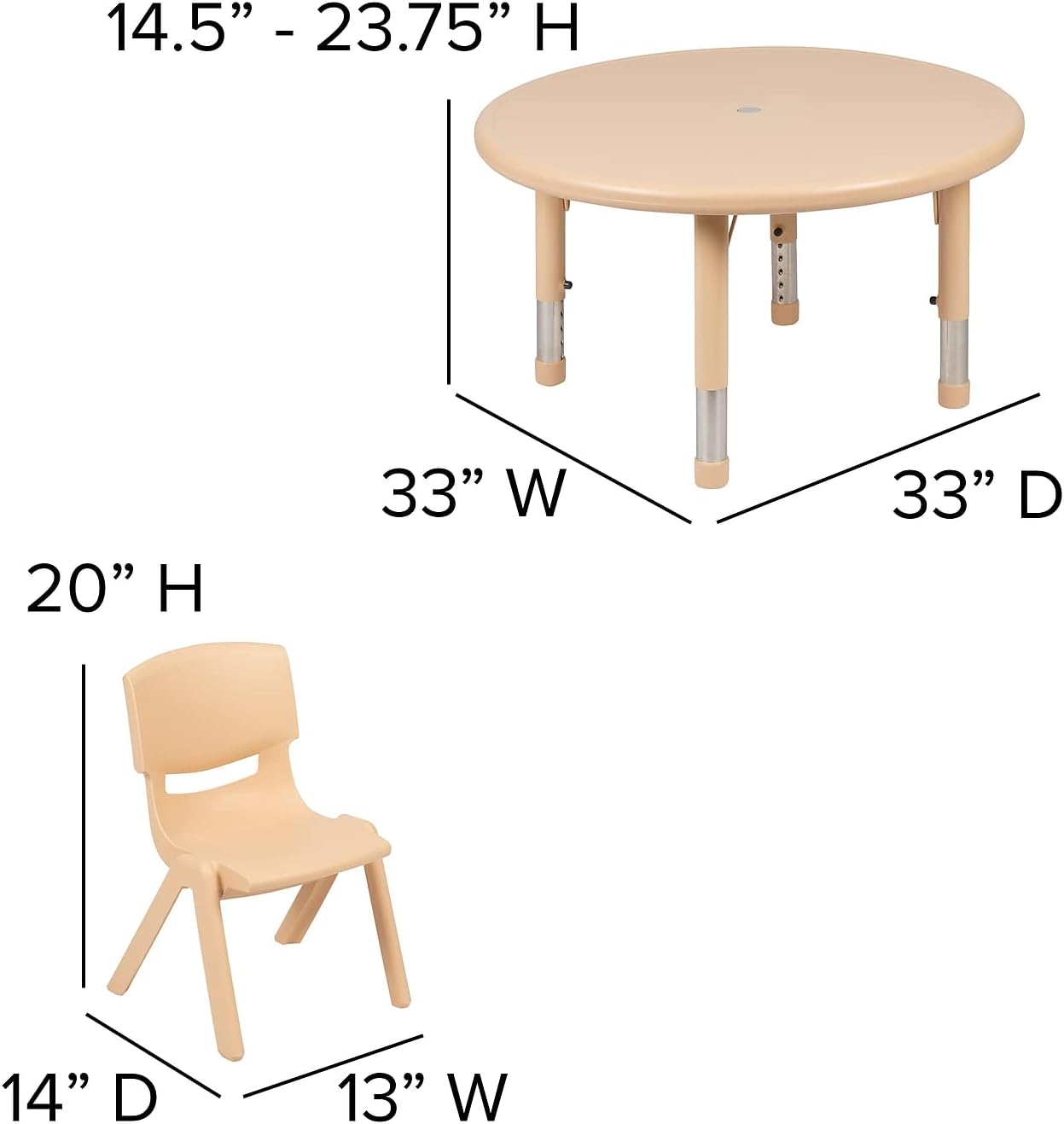 33 Round Natural Plastic Height Adjustable Activity Table Set with 4 Chairs