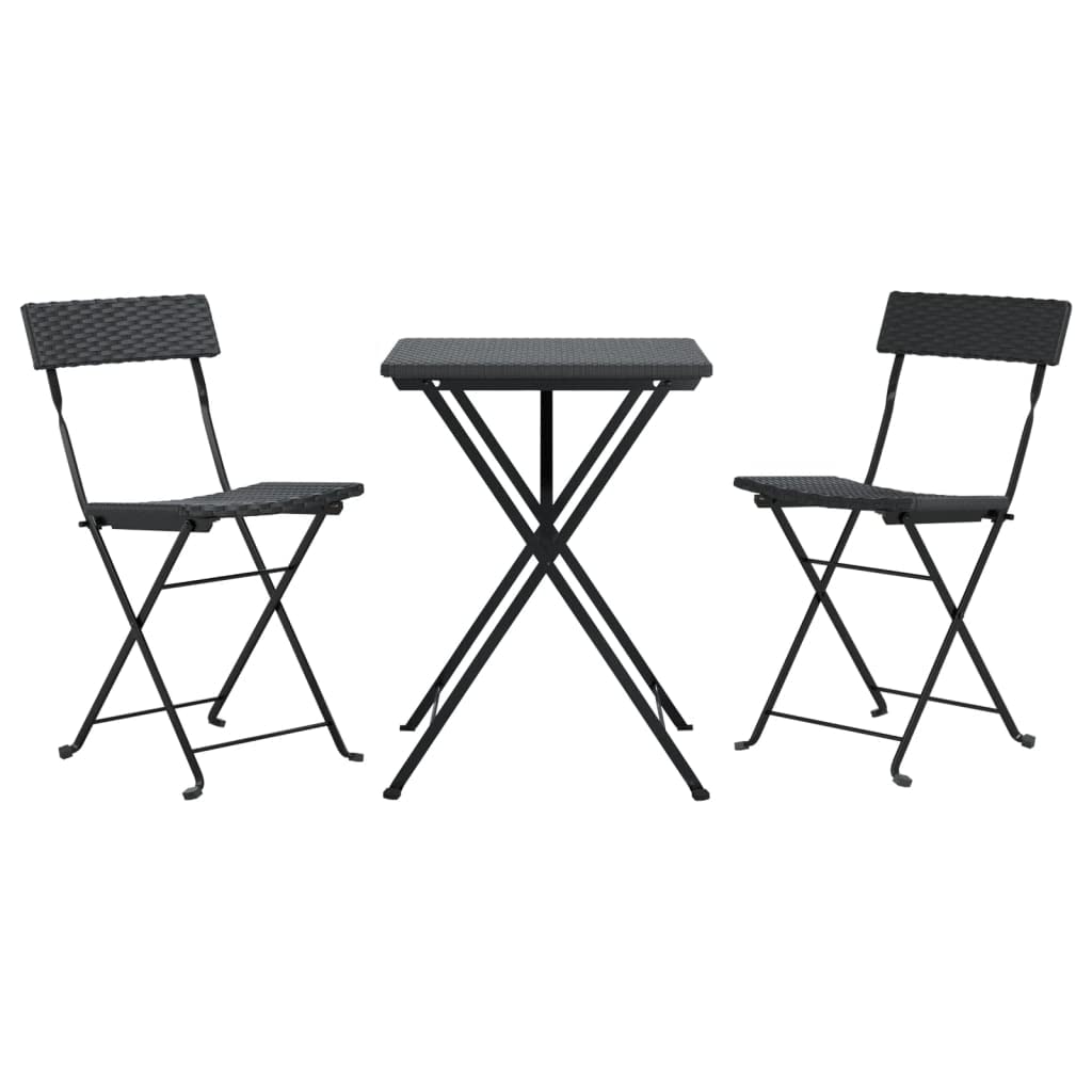 vidaXL 3 Piece Folding Bistro Set - Weather-Resistant Black Poly Rattan, Powder-Coated Steel Frame, Compact and Portable Outdoor Dining Furniture
