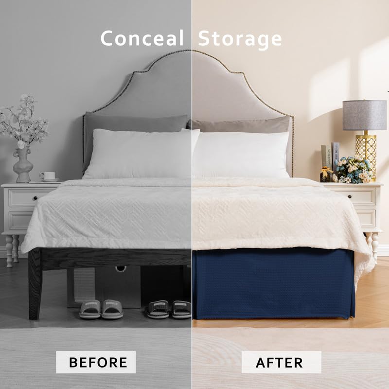 Miye Pleated Waffle Weave Bed Skirt, Tailored Dust Ruffle 12 Inch Drop Easy Fit, Machine Washable (Navy Blue, King - 12'' Drop)