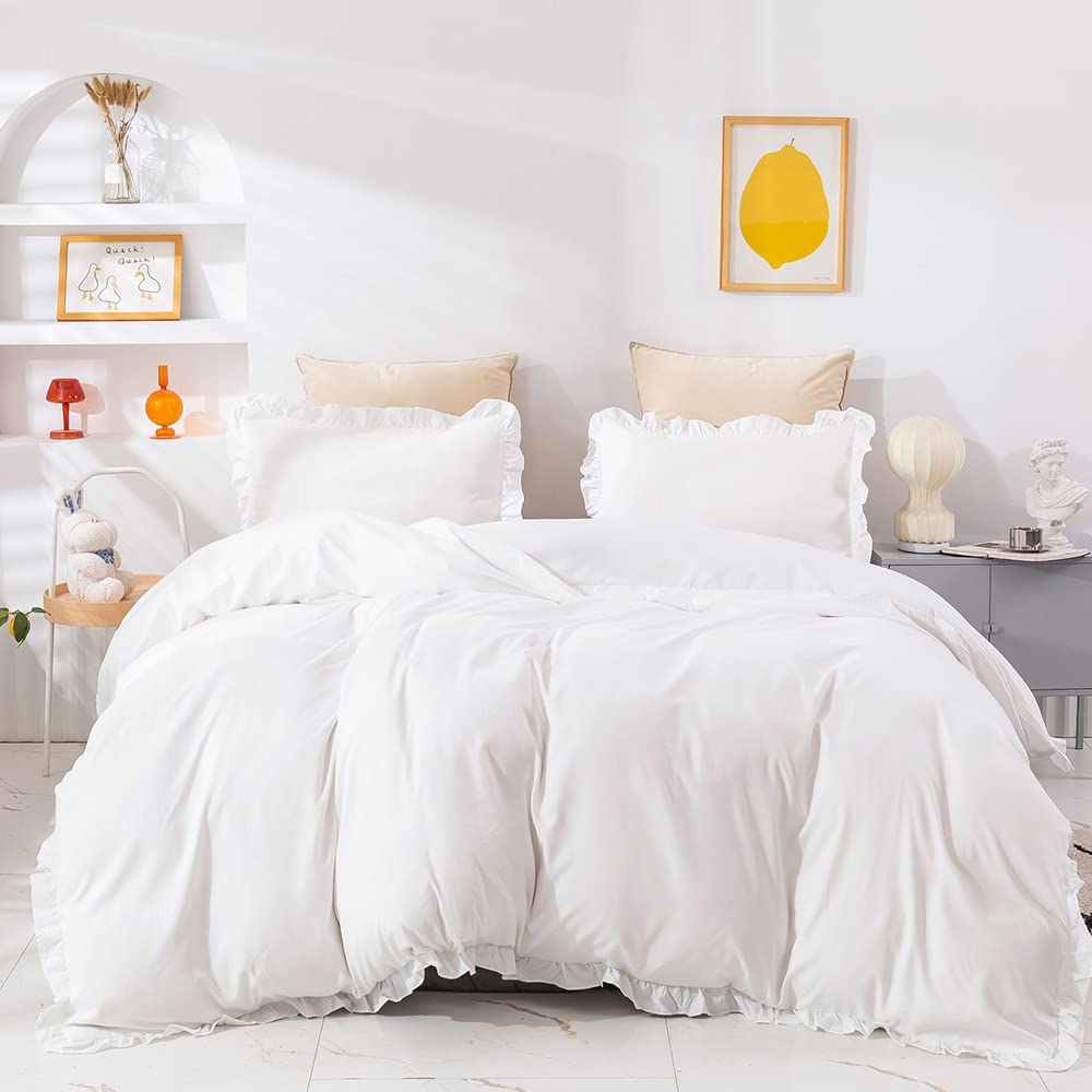 CLOTHKNOW White Comforter Set Queen White Ruffles Bedding Comforter Sets Boho Queen Comforter White Rustic Comforter Soft Shabby