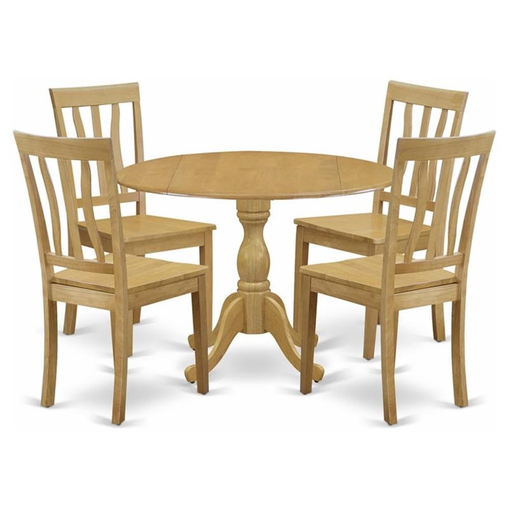 East West Furniture DMAN5-OAK-W 5 Piece Dining Room Table Set Includes a Round Kitchen Table with Dropleaf and 4 Dining Chairs, 42x42 Inch, Oak