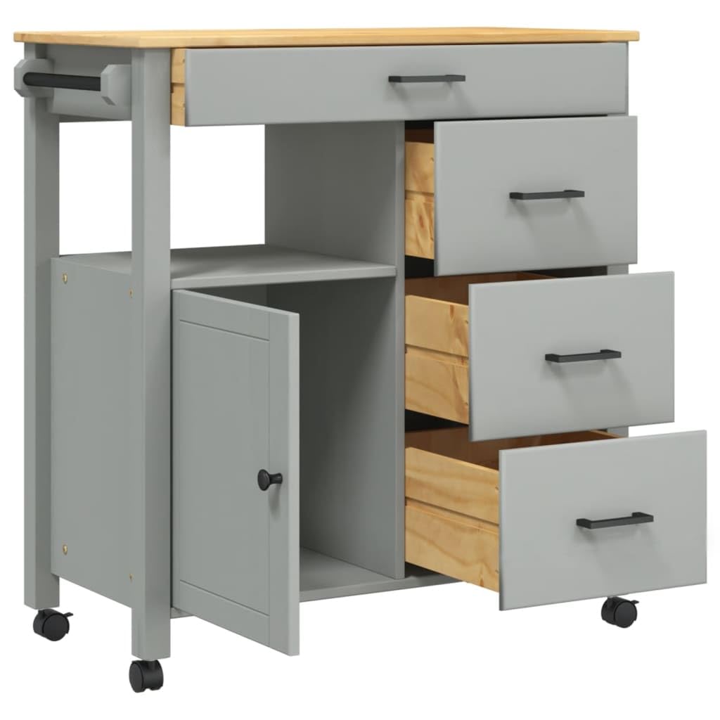 vidaXL Solid Pine Wood Kitchen Trolley - Gray and Honey Wax Finish, Rolling Cart with Storage, 4 Drawers, 1 Door, Side Hooks, Versatile for Living Room/Bathroom, 33.1” L